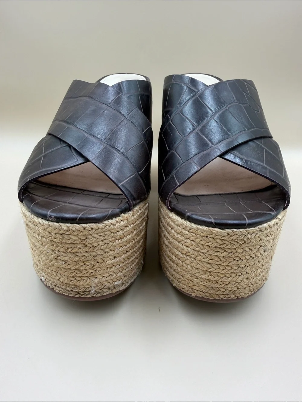 Schutz Brown Croc Embossed Platform Mule Sandals Size 9B